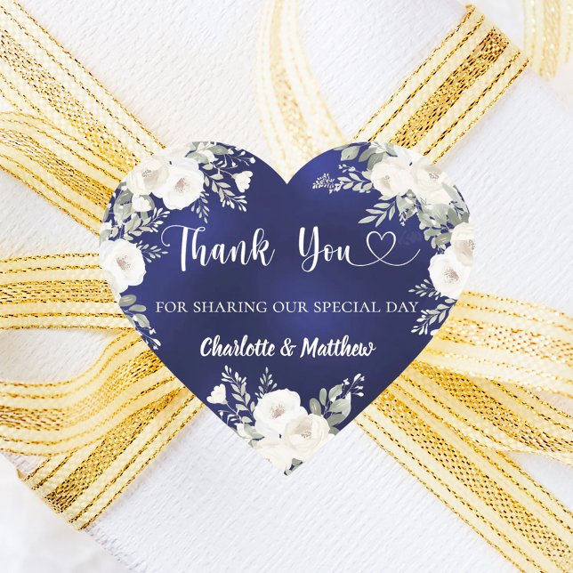 Navy blauen Blumen Herz danke Ihnen Hochzeit Herz-Aufkleber (Von Creator hochgeladen)
