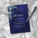 Navy blauen Grün eleganten Geburtstag Einladungspostkarte<br><div class="desc">Ein marineblauer blauer Hintergrund mit Grünpflanzen. Die blaue Farbe ist ungleichmäßig. Personalisieren Sie Ihren Namen und Ihre Party-Daten und fügen Sie diese hinzu.</div>