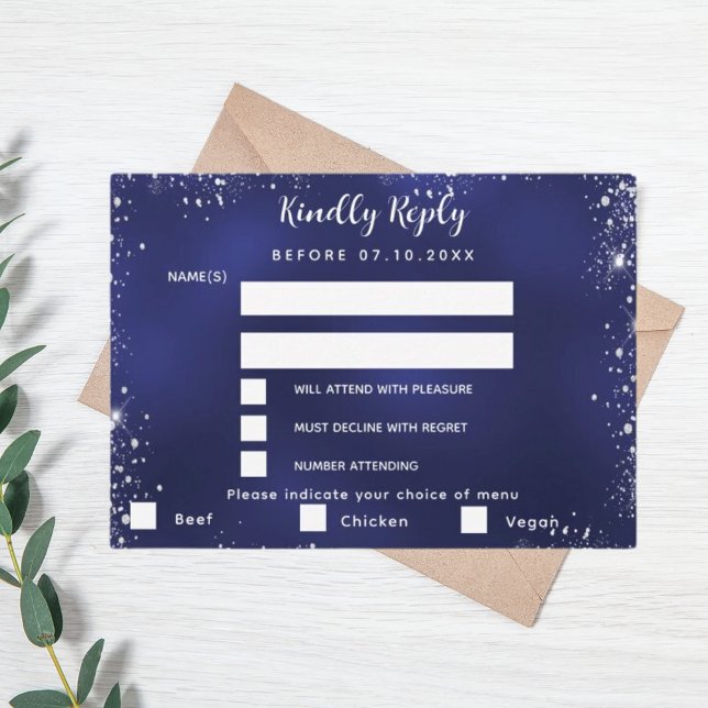 Navy blauen Silber Menü wählt Hochzeit RSVP Mitteilungskarte (Von Creator hochgeladen)