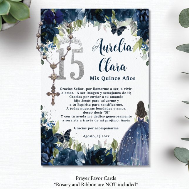Navy Blauer Blütensilber Quinceañera 15 Gebetskart Begleitkarte (Von Creator hochgeladen)