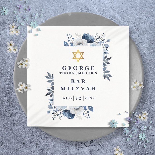 Navy Blauer Botanischer Bar Mitzvah Bat Mitzvah Serviette (Navy Blue Botanical Bar Mitzvah Bat Mitzvah Napkins)