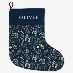 Navy blauer botanischer, eleganter, moderner Famil Großer Weihnachtsstrumpf