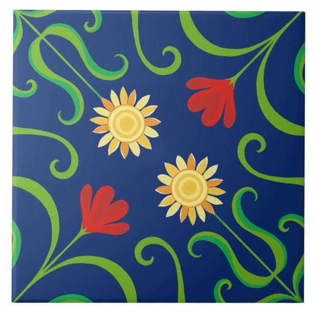 Navy Blauer Damast Sonnenblume Nahtlose Menschen Fliese (Vorderseite)