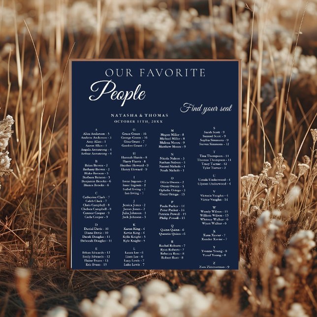 Navy-Blauer Hochzeitsalphabet-Sitzplan Poster (Von Creator hochgeladen)