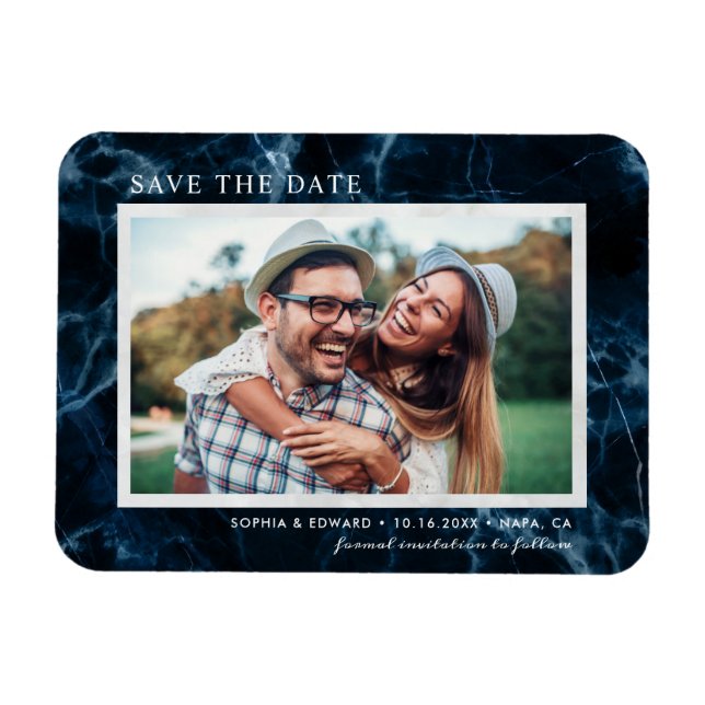Navy Blauer Marmor Save the Date Foto Magnet (Horizontal)