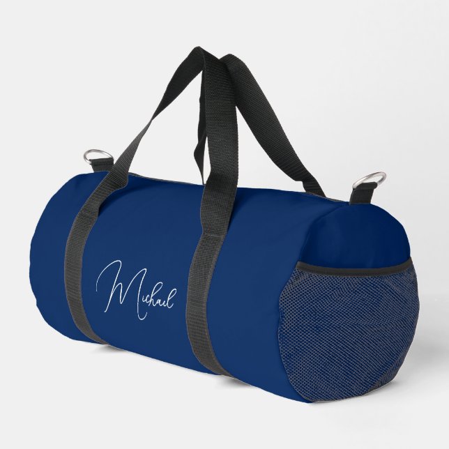Navy Blauer Mit Monogramm Name Gym Sportreisen Duffle Bag (Rechte Ecke)