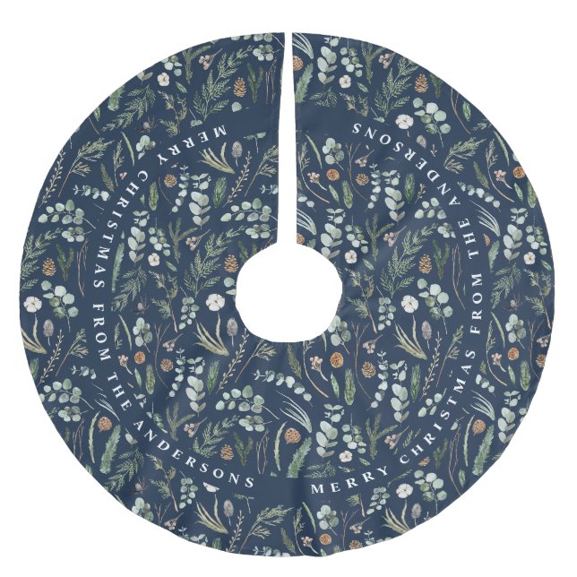 Navy blauer Weihnachten Modernes minimales botanis Polyester Weihnachtsbaumdecke (Vorderseite)
