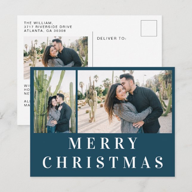 Navy Blauer weißer Text Frohe Weihnachtsfoto Colla Postkarte (Vorne/Hinten)