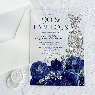 Navy Blaues Blumen- und Diamantenkleid 90. Geburts Acryleinladungen