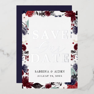 Navy Blaues Burgunder-Rosen-Hochzeits-Save-the-Dat Folieneinladung