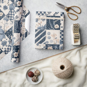 Navy Blaues Creme-Quilt-Gingham-Cottagecore-Blumen Geschenkpapier