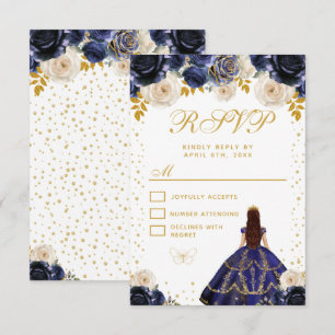 Navy Blaues Florales Prinzessin Quinceañera RSVP Karte