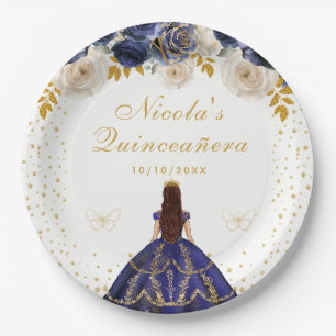 Navy Blaues Florales Quinceañera-Prinzessinnen-Kle Pappteller