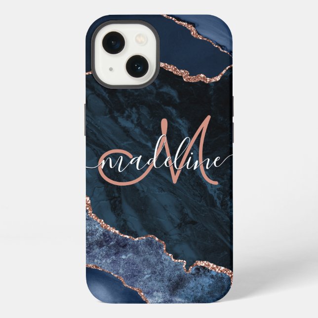 Navy Blaues Geode-Achat-Rosé-Glitter-Monogramm iPhone Hülle (Rückseite)