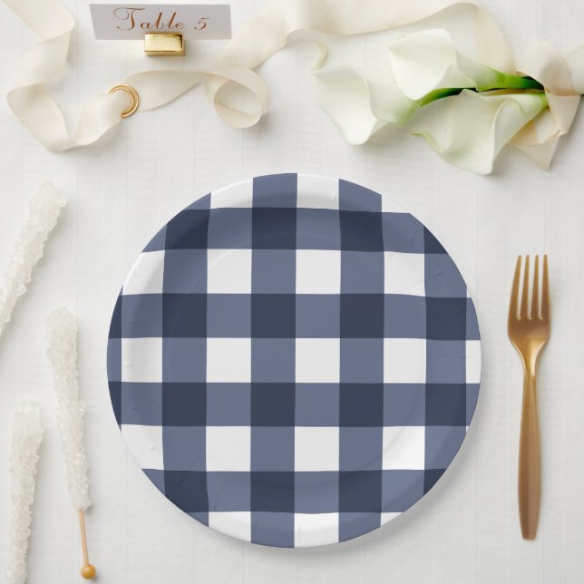 Navy Blaues großes klassisches Gingham-Karo-Karo Pappteller (Hochzeit)