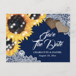Navy Blaues Jute-Sonnenblumen-Hochzeit-Save-The-Da Ankündigungspostkarte
