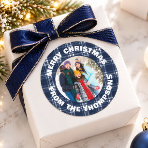 Navy Blaues Karo-Tartan Foto Frohe Weihnachten  Runder Aufkleber