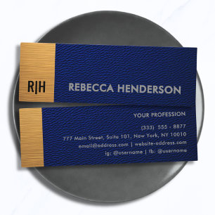 Navy Blaues Leder & Metallisches Gold Panel Monogr Mini Visitenkarte