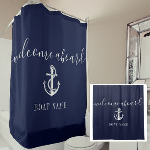 Navy Blaues Maritimes Anker Boot Name Willkommen a Duschvorhang