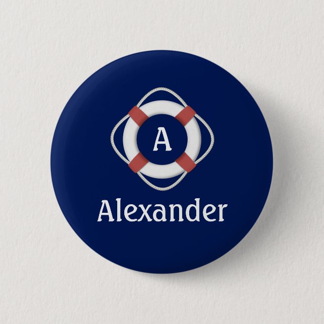 Navy Blaues Nautisches Rettungsring-Monogramm Button (Vorderseite)