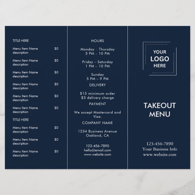 Navy-Blaues Restaurant-Logo-Abholmenü-Design (Vorderseite)