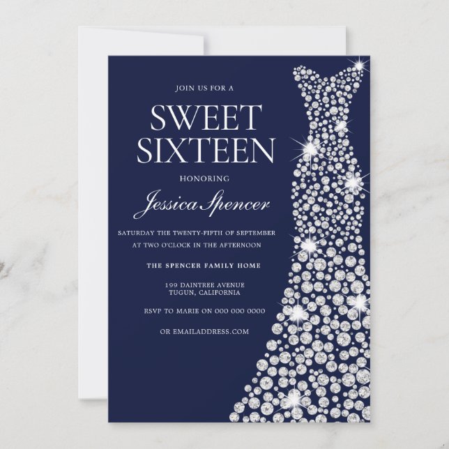 Navy blaues weißes Kleid Sweet 16 Einladung (Vorderseite)