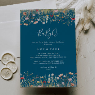Navy Bliss Wildflower BabyQ Babyparty-Barbecue Einladung