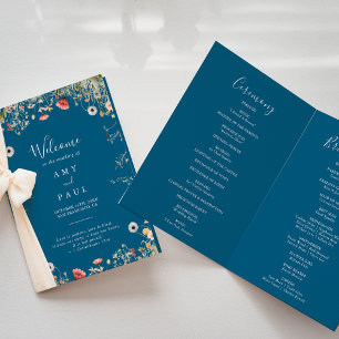 Navy Blissful Boho Wildblume geklappt Hochzeit Programm