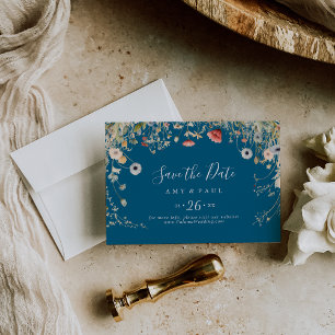 Navy Blissful Boho Wildblume Horizontal Wedding Save The Date