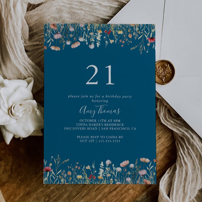 Navy Blissful Boho Wildflower 21st Birthday Party Einladung (Von Creator hochgeladen)