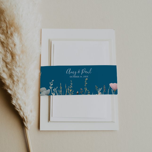 Navy Blissful Colorful Boho Wildflower Wedding  Einladungsbanderole (Von Creator hochgeladen)