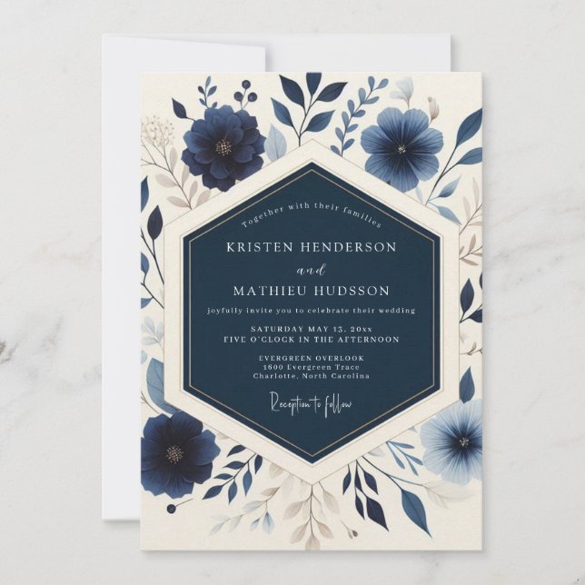 Navy Blooming Botanical Wedding Einladung (Vorderseite)