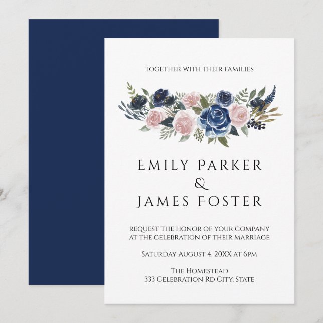 Navy Blu & Blush Floral Élégant Mariage Invitation (Devant / Derrière)