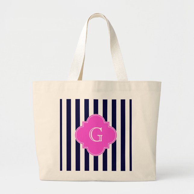 Navy Blu White Strip Hot Pink Quarz Monogramm Jumbo Stoffbeutel (Vorne)