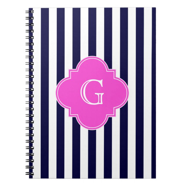 Navy Blu White Strip Hot Pink Quarz Monogramm Notizblock (Vorderseite)
