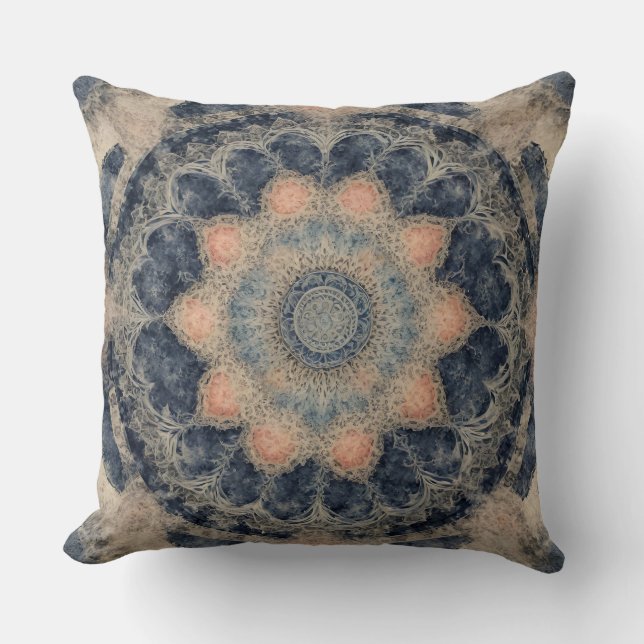 Navy Blue 0range Beige Mandala Print Kissen (Vorderseite)