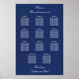 Navy Blue 11 Table Wedding Seating Chart Poster