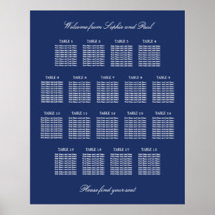 Navy Blue 18 Table Wedding Seating Chart Poster