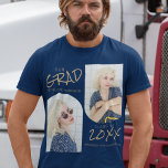 Navy Blue 2 Arted Foto Abschluss T-Shirt<br><div class="desc">Einfaches, modernes Abschluss-Shirt mit zwei gewölbten Fotos, auf marineblarem Hintergrund, mit Goldvorlage, die lautet: "UNSER GRAD, IHR NAME, IHRE SCHULE UND IHRE SCHULE, UNIVERSITÄT ODER UNI". Die Stile und die Hintergrundfarbe des Schriftartes können geändert werden, indem Sie nach der Personalisierung auf den entsprechenden Link klicken.</div>