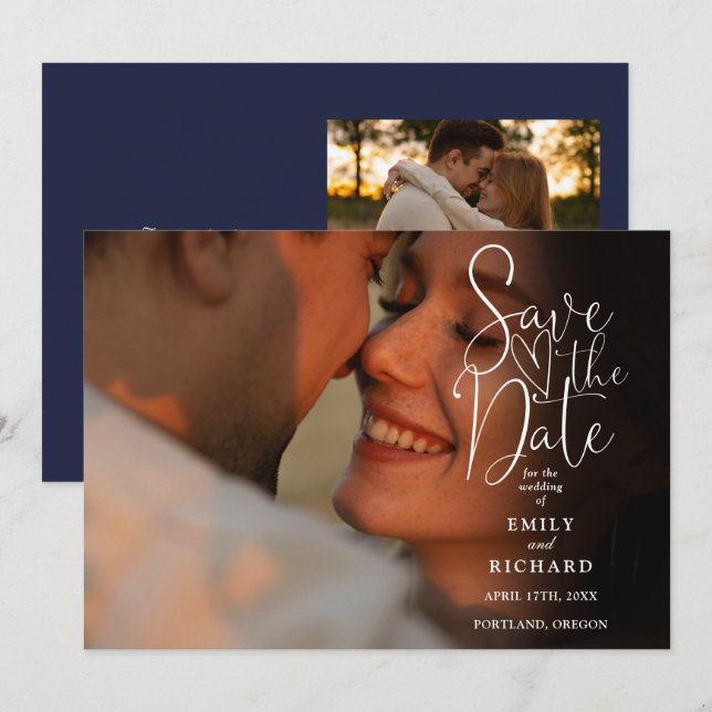 Navy Blue 2 Foto Elegante Script Wedding Save The Date (Vorne/Hinten)