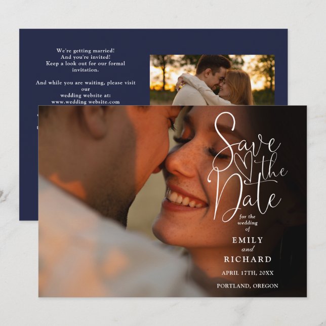 Navy Blue 2 Foto Elegantes Skript Hochzeit QR Code Save The Date (Vorne/Hinten)