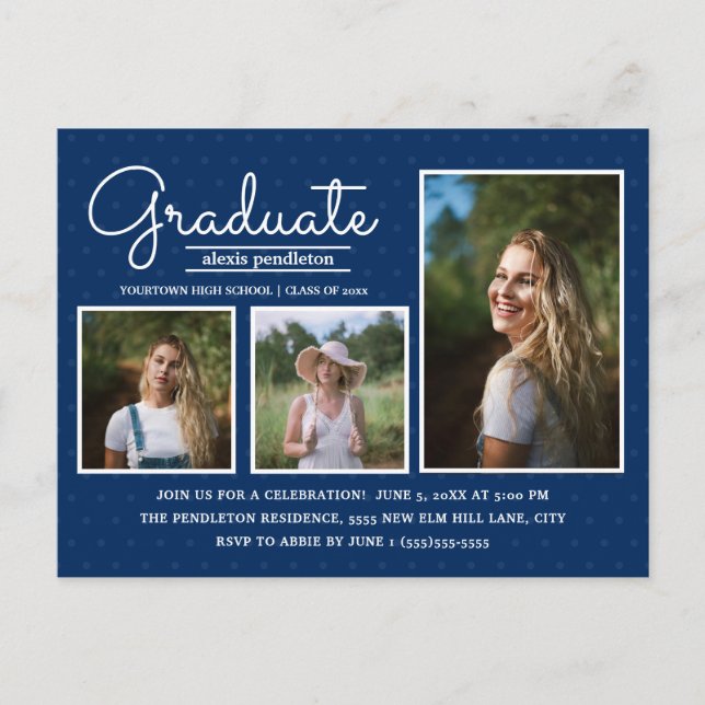 Navy Blue 3-Foto Graduation Party Postkarte (Vorderseite)