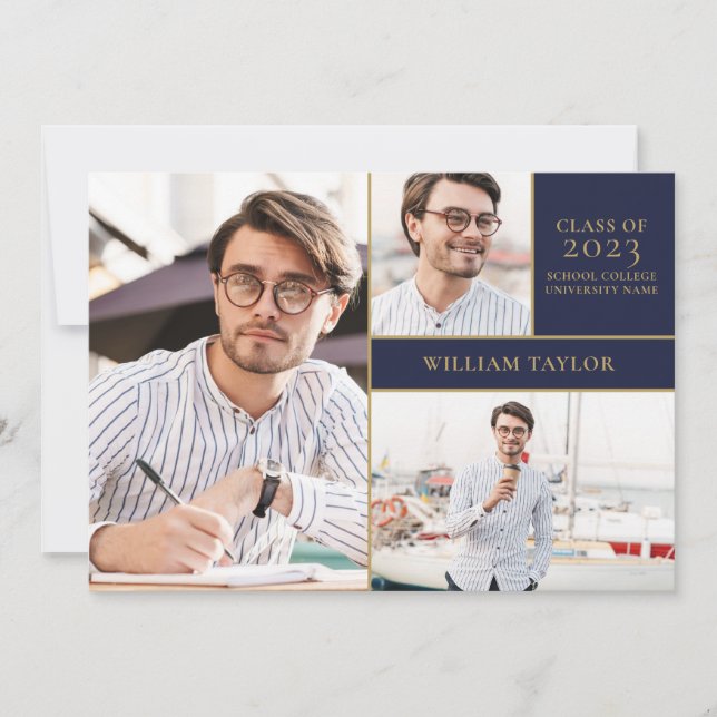 Navy Blue 3 Photo Gold Graduation Party Invitation (Devant)