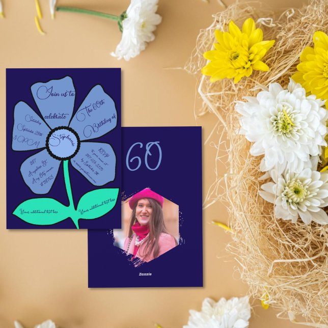 Navy Blue 60. Geburtstag Simple Doodle Blume Einladung (Von Creator hochgeladen)