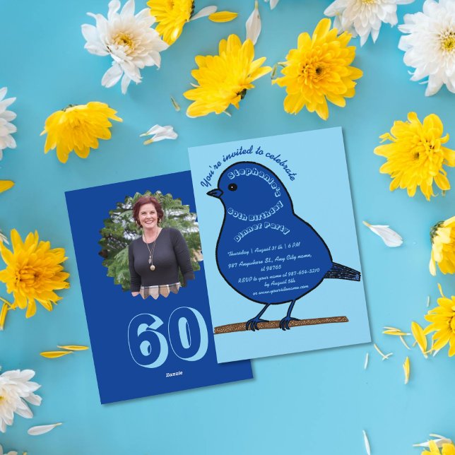 Navy Blue 60th Birthday Niedlich Bird Dinner Party Einladung (Von Creator hochgeladen)