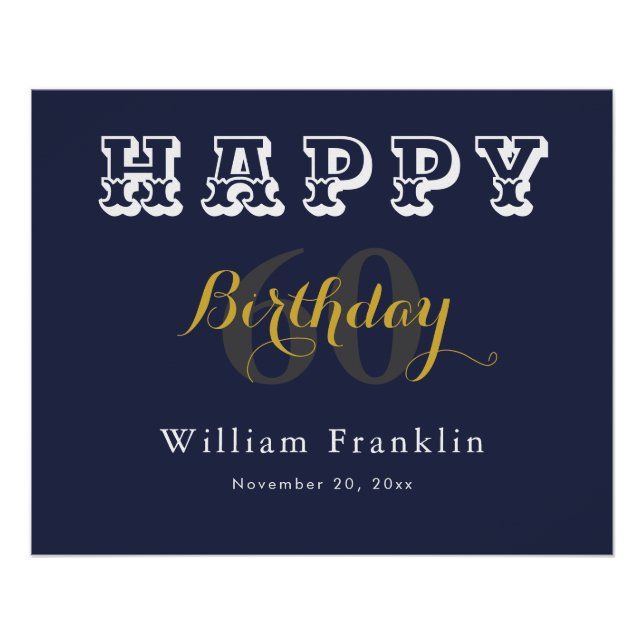 Navy Blue 60th Birthday Party Celebration Glossy Poster (Vorderseite)