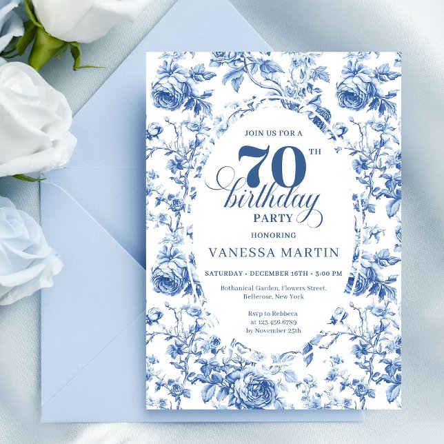 Navy Blue 70th Birthday Classic Floral Invitation Einladung (Navy Blue 70th Birthday Classic Floral Invitation)