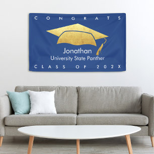 Navy Blue Abschluss Bold Gold Cap Modern Einfach Banner