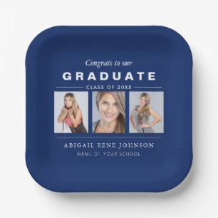 Navy Blue Abschluss Foto Collage Personalisiert Pappteller