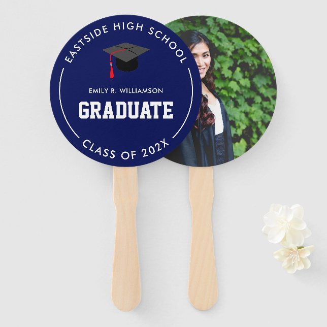 Navy Blue Abschluss Foto Personalisiert Hand Fan Fächer (Vorne und Hinten)